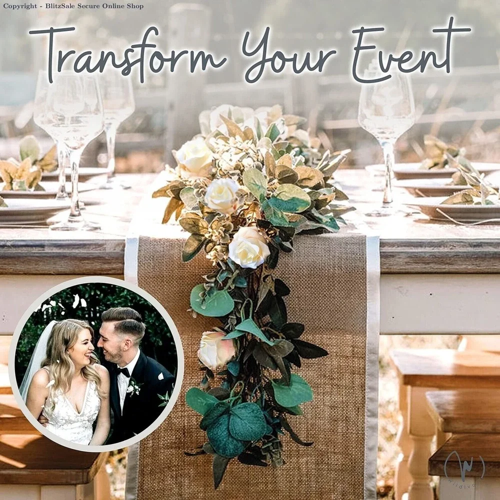 6 Pack Artificial Eucalyptus Garland with‎ 17 Ivory Cream Roses - Wedding Floral